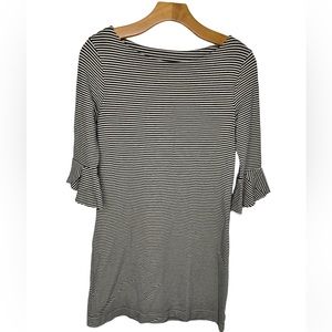 Three Dots Black/White Striped Boat Neck Dress 3/4 Ruffle Sleeve Size Small NWT